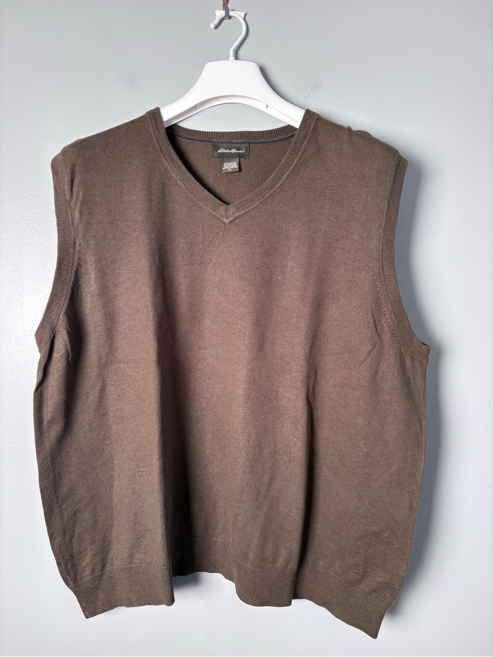 Eddie Bauer Mens XL Brown Cotton Cashmere V-Neck Sweater Vest Preppy